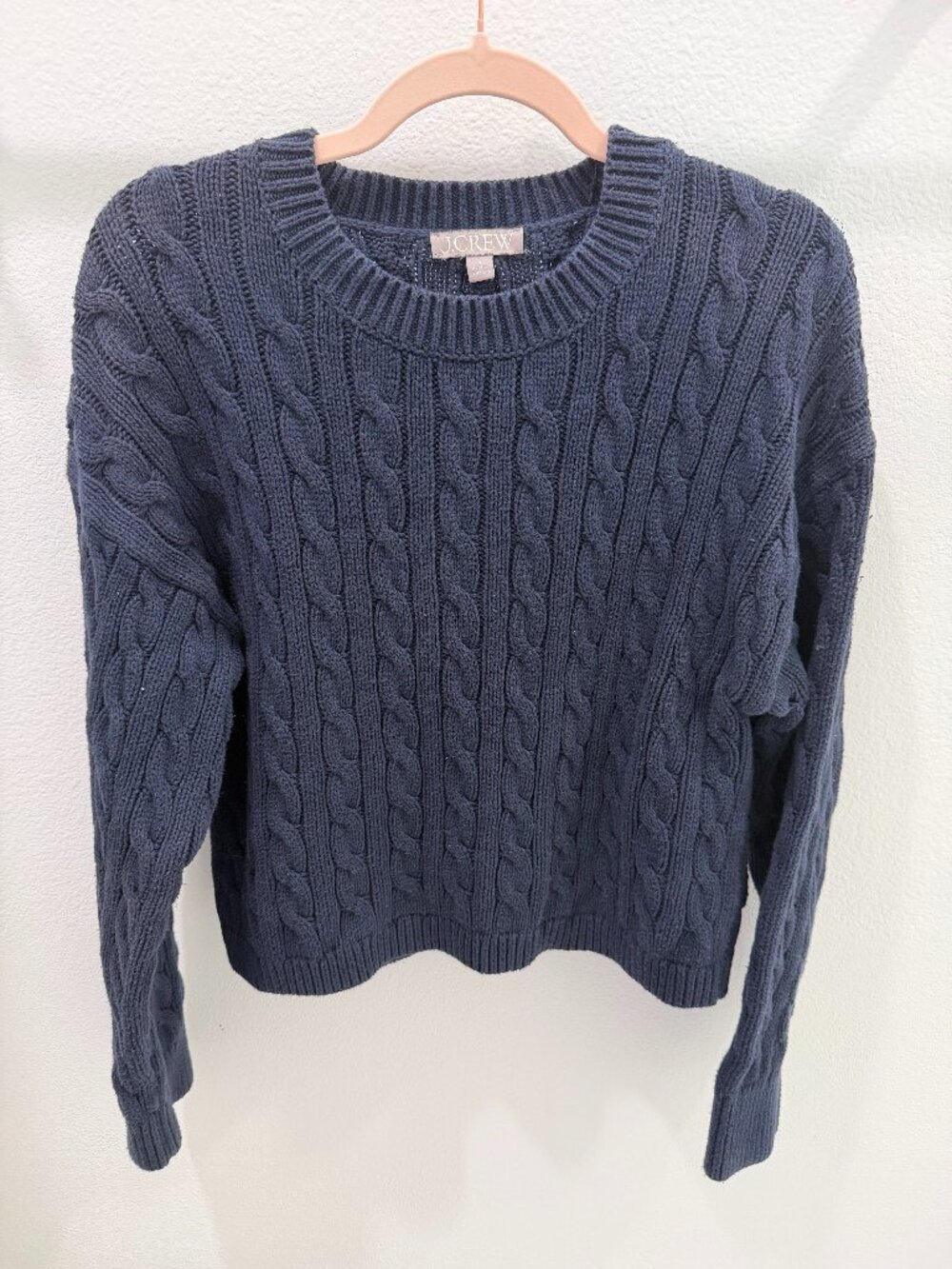 J.Crew Cable Knit Crewneck Sweater Navy 100% Cotton Size S